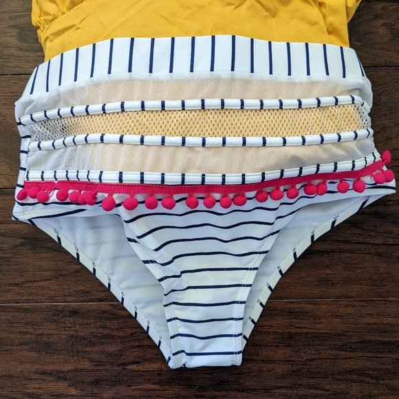 NWOT Striped High Waist Bikini Bottoms with Pom Pons - Picture 4 of 6